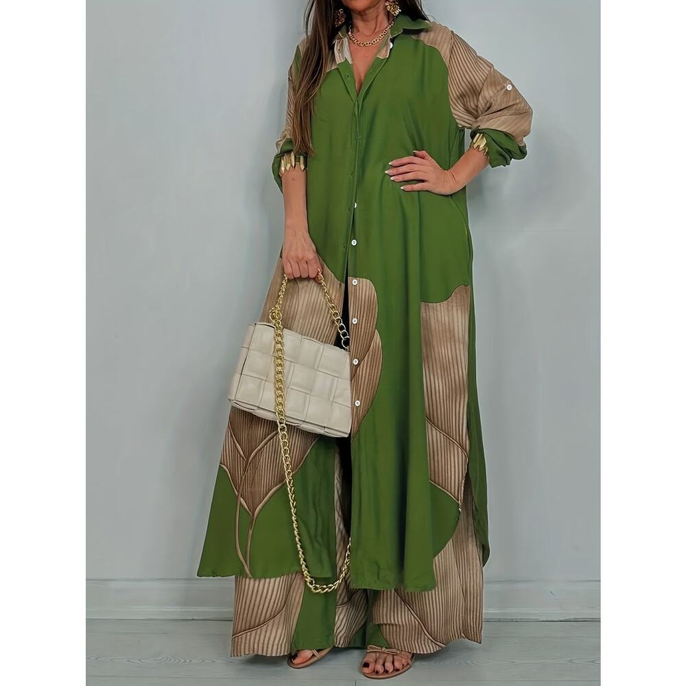 Luxury Green Colorblock Satin Oversized Button-Down Shirt & Wide-Leg Pants